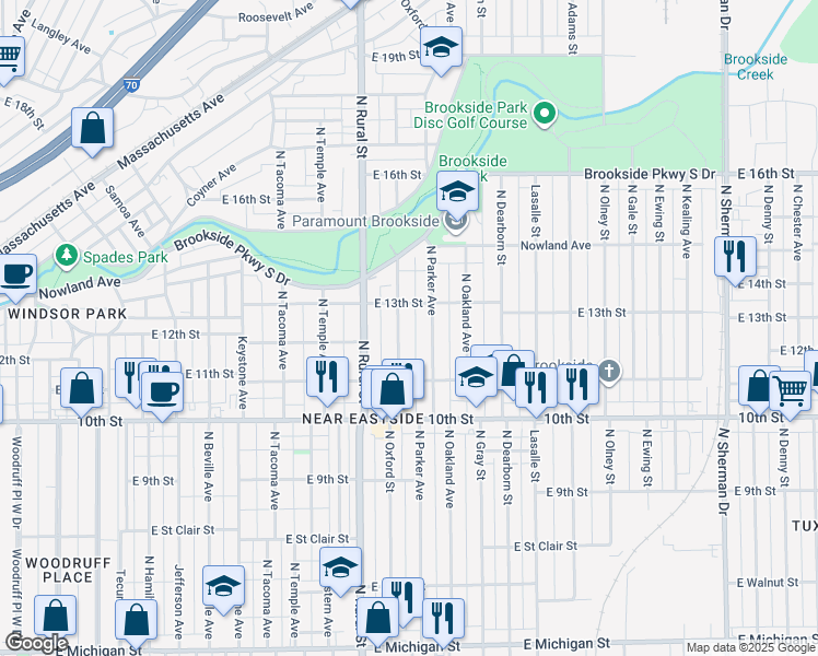 map of restaurants, bars, coffee shops, grocery stores, and more near 1229 North Oxford Street in Indianapolis