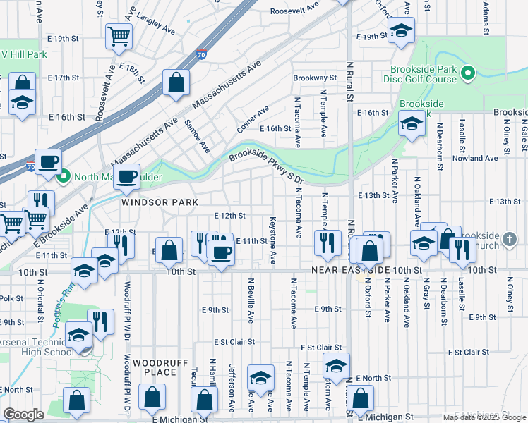 map of restaurants, bars, coffee shops, grocery stores, and more near 1221 North Beville Avenue in Indianapolis