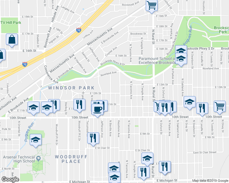 map of restaurants, bars, coffee shops, grocery stores, and more near 1221 North Beville Avenue in Indianapolis