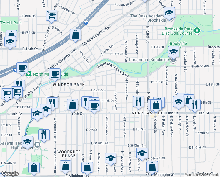 map of restaurants, bars, coffee shops, grocery stores, and more near 1221 North Beville Avenue in Indianapolis