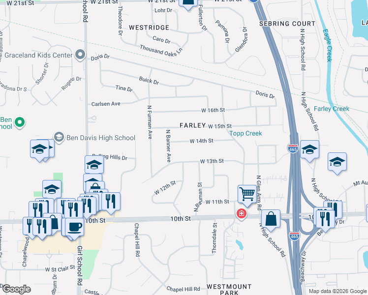 map of restaurants, bars, coffee shops, grocery stores, and more near 6734 West 14th Street in Indianapolis