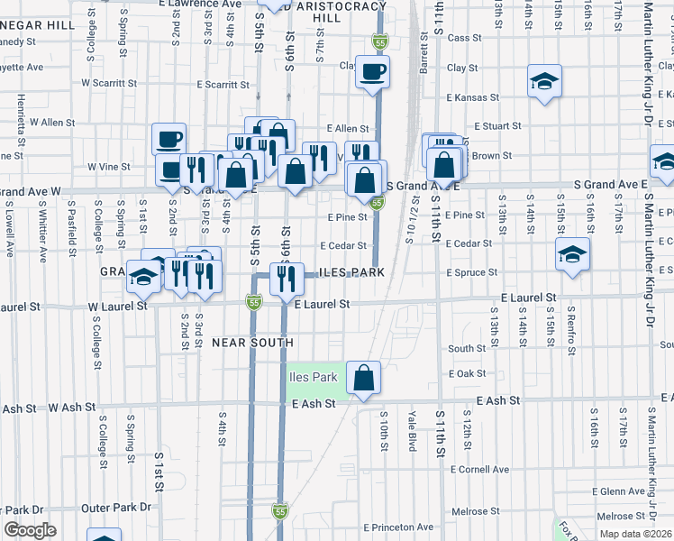 map of restaurants, bars, coffee shops, grocery stores, and more near 1617 South 8th Street in Springfield