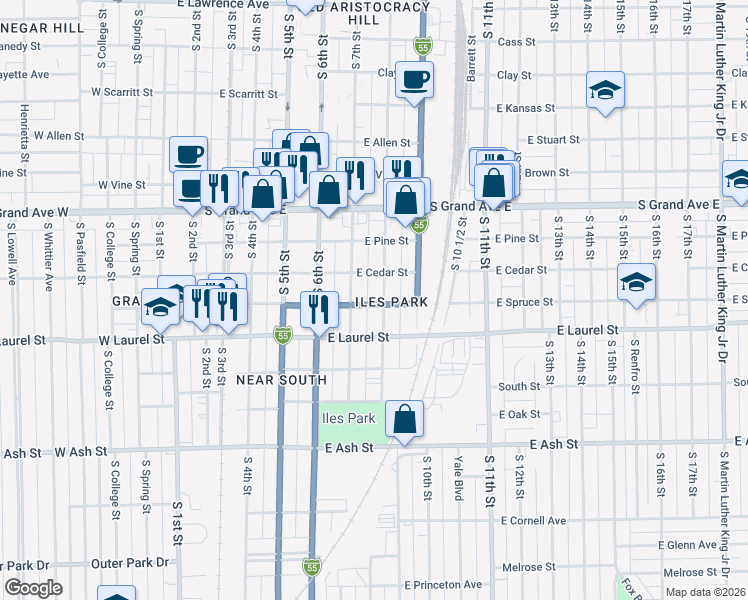 map of restaurants, bars, coffee shops, grocery stores, and more near 1617 South 8th Street in Springfield