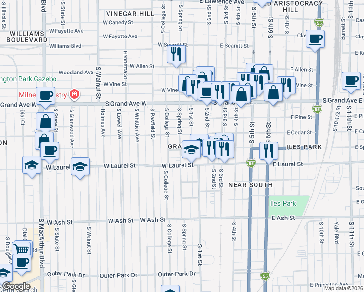 map of restaurants, bars, coffee shops, grocery stores, and more near 1509 South Spring Street in Springfield