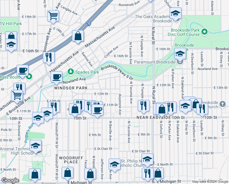 map of restaurants, bars, coffee shops, grocery stores, and more near 2314 East 12th Street in Indianapolis