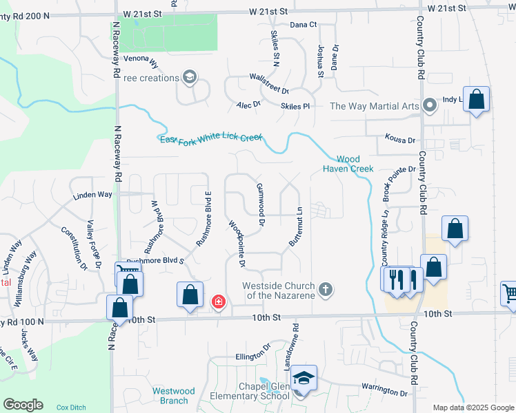 map of restaurants, bars, coffee shops, grocery stores, and more near 1408 Gumwood Drive in Indianapolis