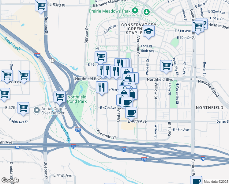 map of restaurants, bars, coffee shops, grocery stores, and more near 1412 48th Avenue in Denver