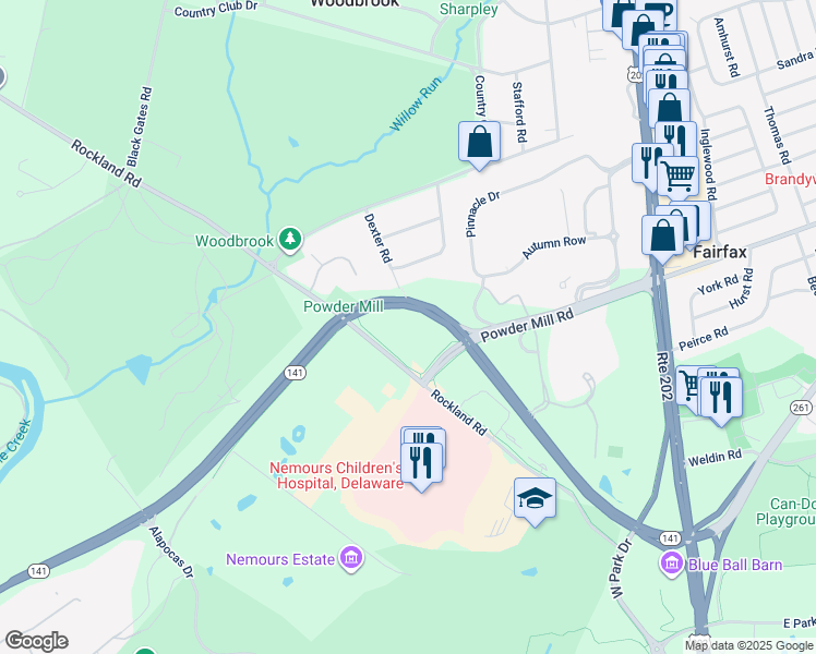 map of restaurants, bars, coffee shops, grocery stores, and more near 1515 Rockland Road in Wilmington
