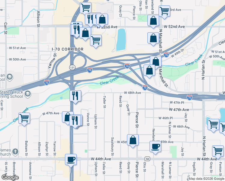 map of restaurants, bars, coffee shops, grocery stores, and more near 7101 West 48th Avenue in Wheat Ridge