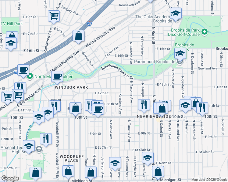 map of restaurants, bars, coffee shops, grocery stores, and more near 1221 North Beville Avenue in Indianapolis