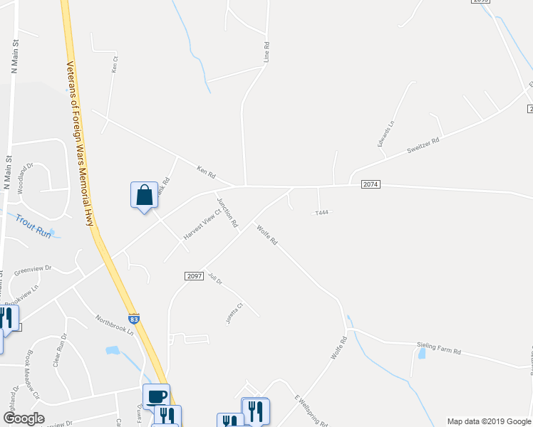 map of restaurants, bars, coffee shops, grocery stores, and more near 13727 Mount Airy Road in New Freedom