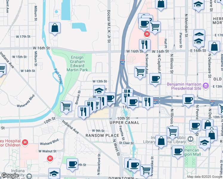 map of restaurants, bars, coffee shops, grocery stores, and more near 1229 Drive Martin Luther King Junior Street in Indianapolis
