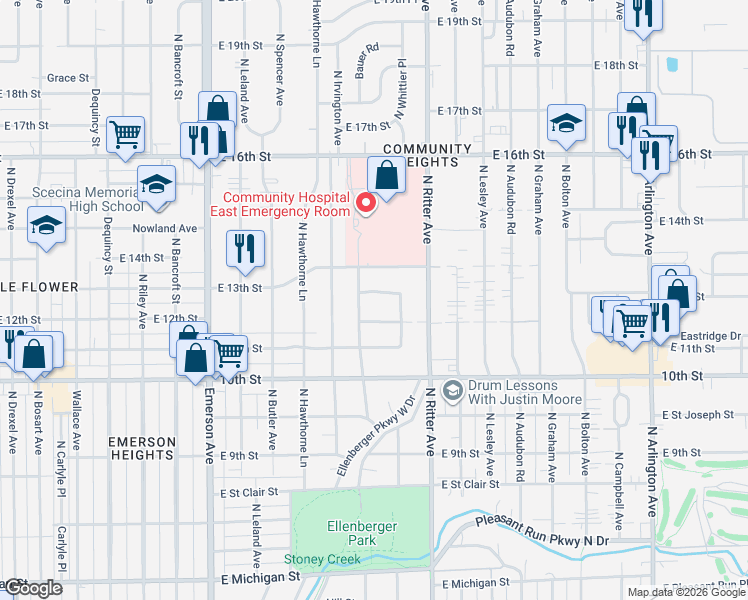 map of restaurants, bars, coffee shops, grocery stores, and more near 5420 Wayne Drive in Indianapolis