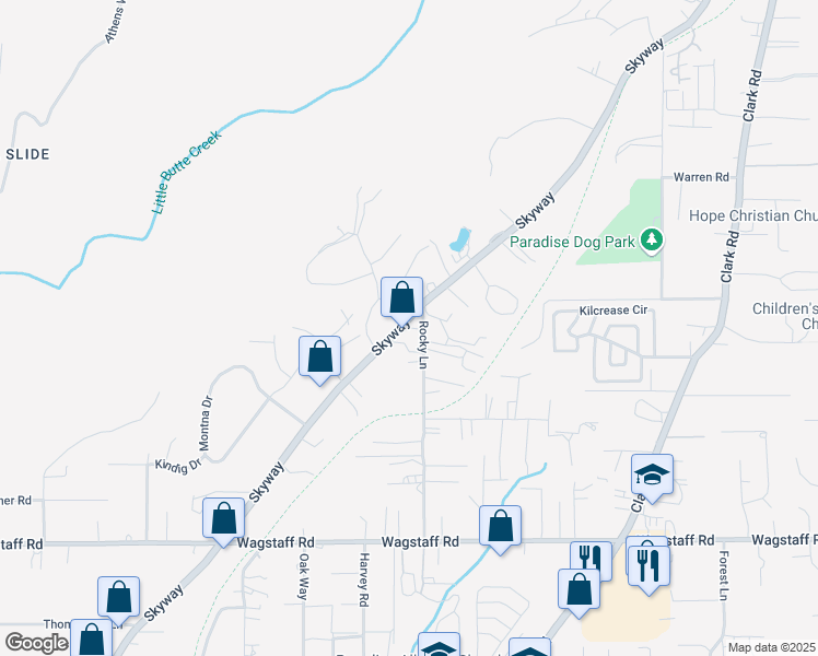 map of restaurants, bars, coffee shops, grocery stores, and more near 8670 Skyway in Paradise