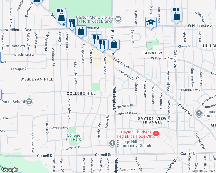 map of restaurants, bars, coffee shops, grocery stores, and more near 1948 Victoria Avenue in Dayton