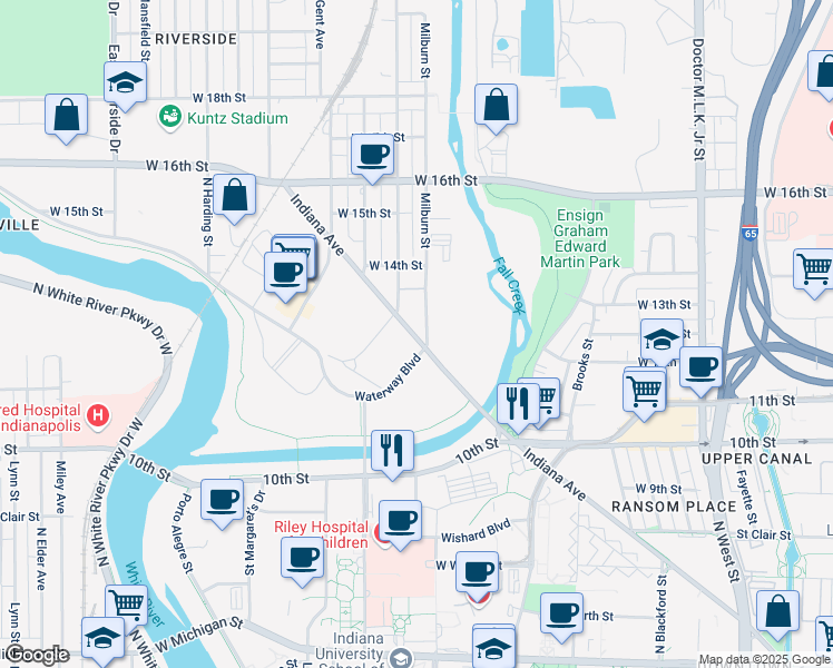 map of restaurants, bars, coffee shops, grocery stores, and more near 10 Indiana Avenue in Indianapolis