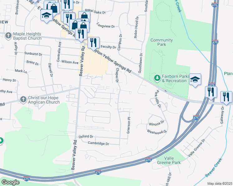 map of restaurants, bars, coffee shops, grocery stores, and more near 2091 Chapel Drive in Fairborn