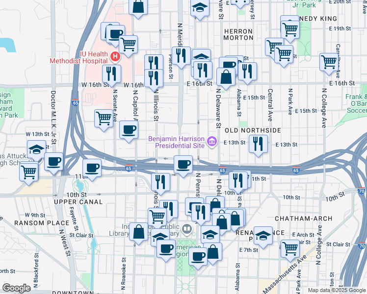 map of restaurants, bars, coffee shops, grocery stores, and more near 1301 North Meridian Street in Indianapolis