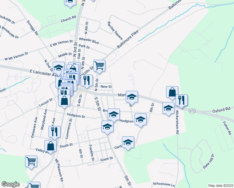 map of restaurants, bars, coffee shops, grocery stores, and more near 607 Market Street in Oxford