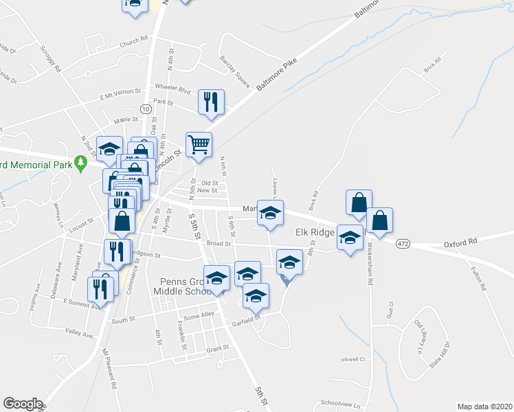 map of restaurants, bars, coffee shops, grocery stores, and more near 643 Market Street in Oxford