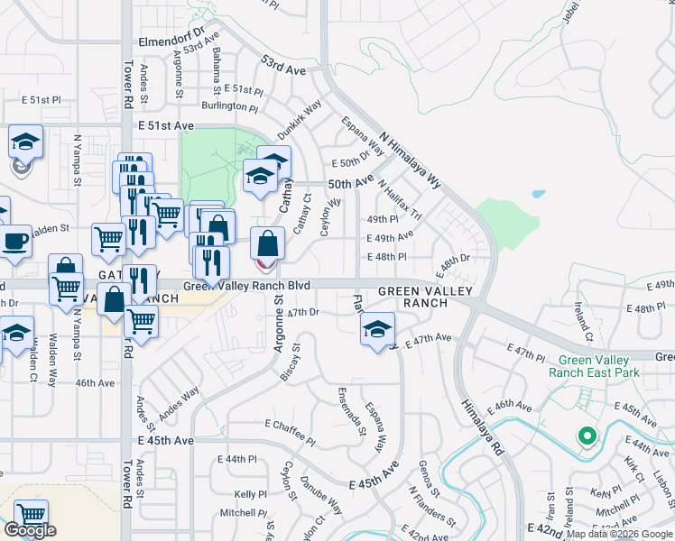 map of restaurants, bars, coffee shops, grocery stores, and more near 4828 North Dunkirk Street in Denver