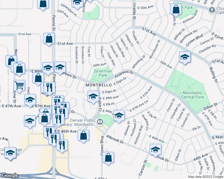 map of restaurants, bars, coffee shops, grocery stores, and more near 12973 East Elgin Place in Denver