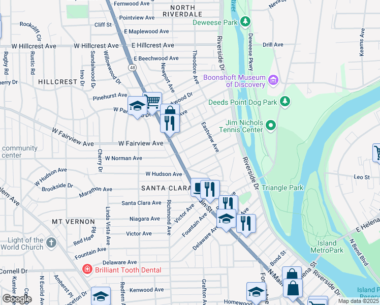 map of restaurants, bars, coffee shops, grocery stores, and more near 34 1/2 East Norman Avenue in Dayton