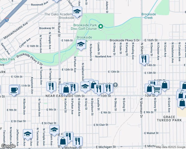 map of restaurants, bars, coffee shops, grocery stores, and more near 3214 East 13th Street in Indianapolis