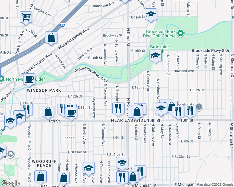 map of restaurants, bars, coffee shops, grocery stores, and more near 1225 North Temple Avenue in Indianapolis