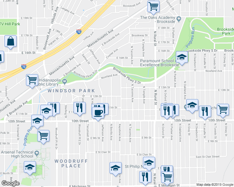 map of restaurants, bars, coffee shops, grocery stores, and more near 1221 North Beville Avenue in Indianapolis
