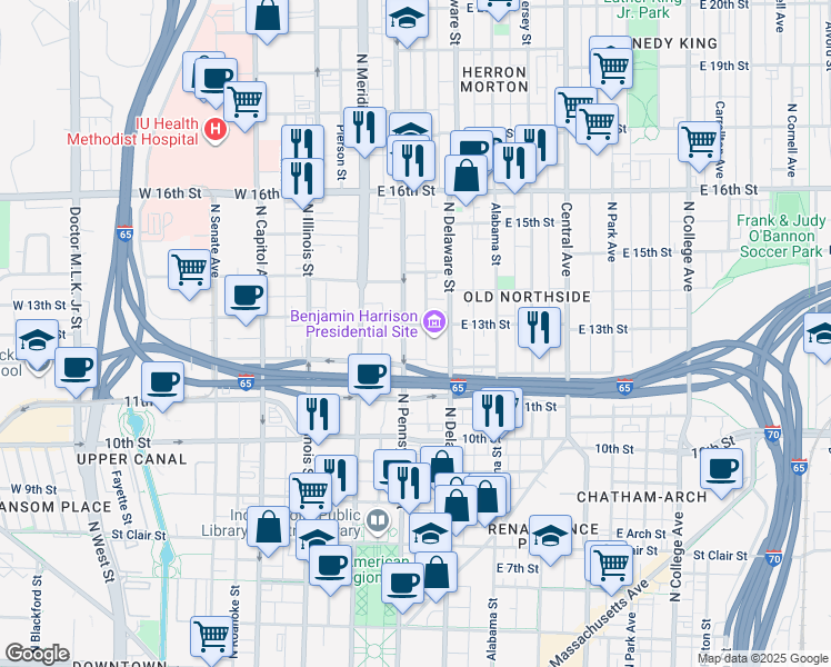 map of restaurants, bars, coffee shops, grocery stores, and more near in Indianapolis