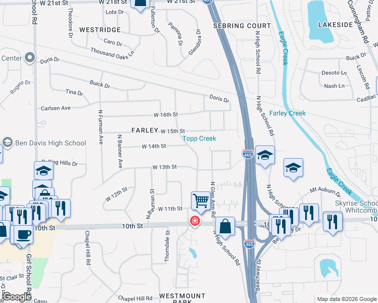 map of restaurants, bars, coffee shops, grocery stores, and more near 1338 Farley Drive in Indianapolis
