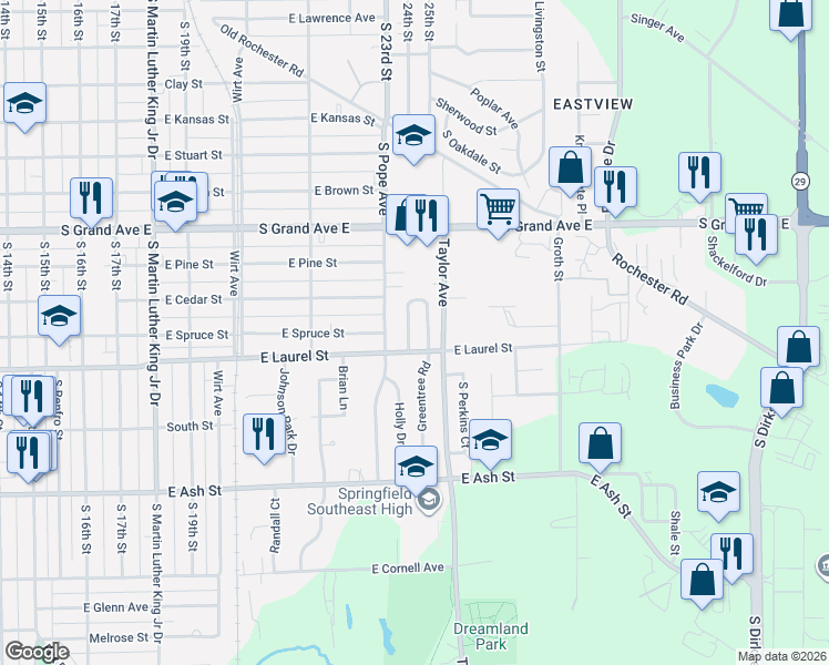 map of restaurants, bars, coffee shops, grocery stores, and more near 64 Alken Court in Springfield