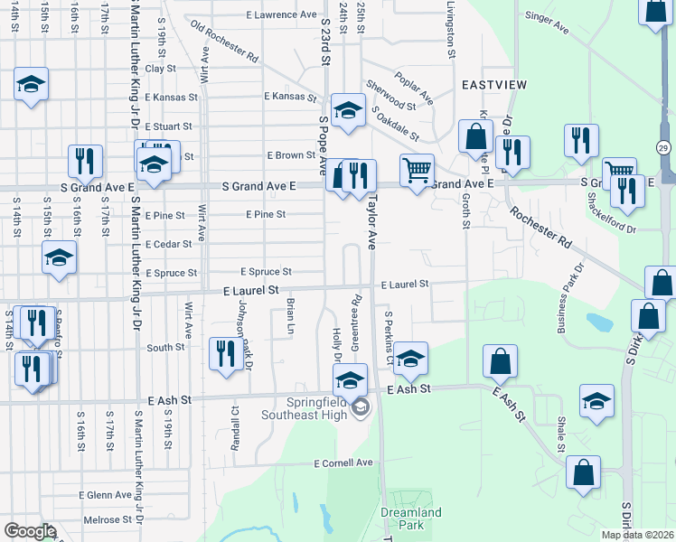 map of restaurants, bars, coffee shops, grocery stores, and more near 1620 South Pope Avenue in Springfield