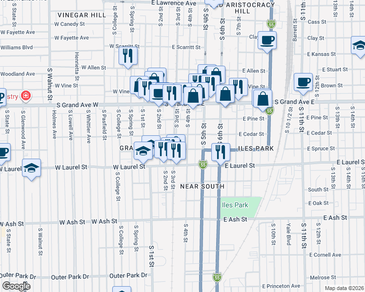 map of restaurants, bars, coffee shops, grocery stores, and more near 301 East Spruce Street in Springfield
