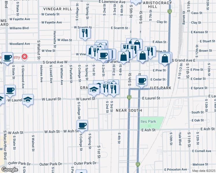 map of restaurants, bars, coffee shops, grocery stores, and more near 1512 South 2nd Street in Springfield