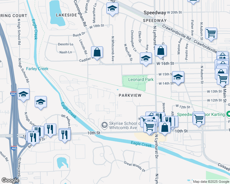 map of restaurants, bars, coffee shops, grocery stores, and more near 1301 Portsmouth Avenue in Indianapolis