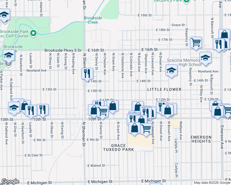 map of restaurants, bars, coffee shops, grocery stores, and more near 1304 North Grant Avenue in Indianapolis
