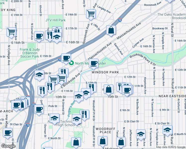 map of restaurants, bars, coffee shops, grocery stores, and more near 1631 Nowland Avenue in Indianapolis