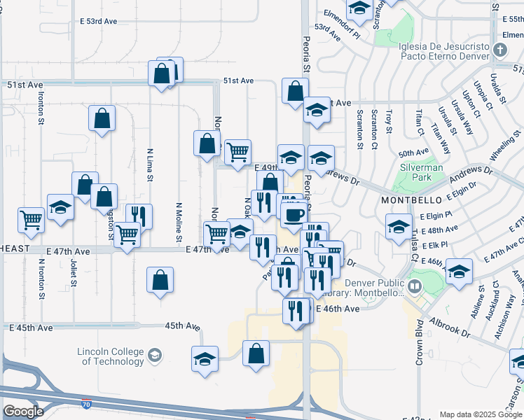 map of restaurants, bars, coffee shops, grocery stores, and more near 4780 Oakland St in Denver