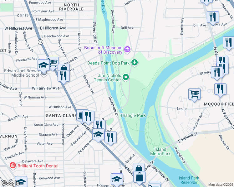 map of restaurants, bars, coffee shops, grocery stores, and more near Still Water River Trail in Dayton