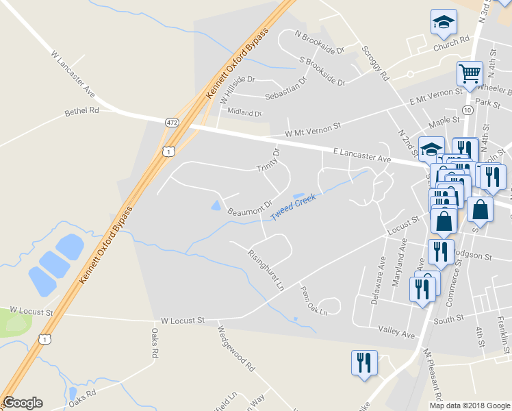 map of restaurants, bars, coffee shops, grocery stores, and more near 251 Beaumont Drive in Oxford