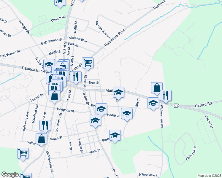map of restaurants, bars, coffee shops, grocery stores, and more near 635 Market Street in Oxford