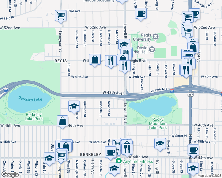 map of restaurants, bars, coffee shops, grocery stores, and more near 4820 Newton Street in Denver