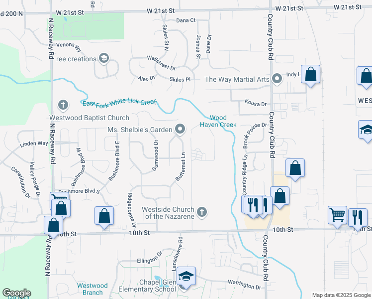 map of restaurants, bars, coffee shops, grocery stores, and more near 1409 Butternut Lane in Indianapolis