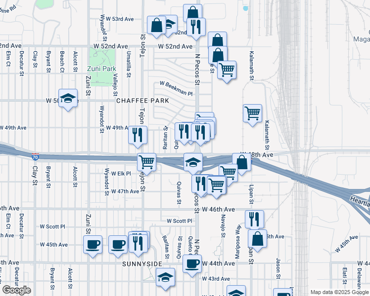 map of restaurants, bars, coffee shops, grocery stores, and more near 1735 West 48th Avenue in Denver