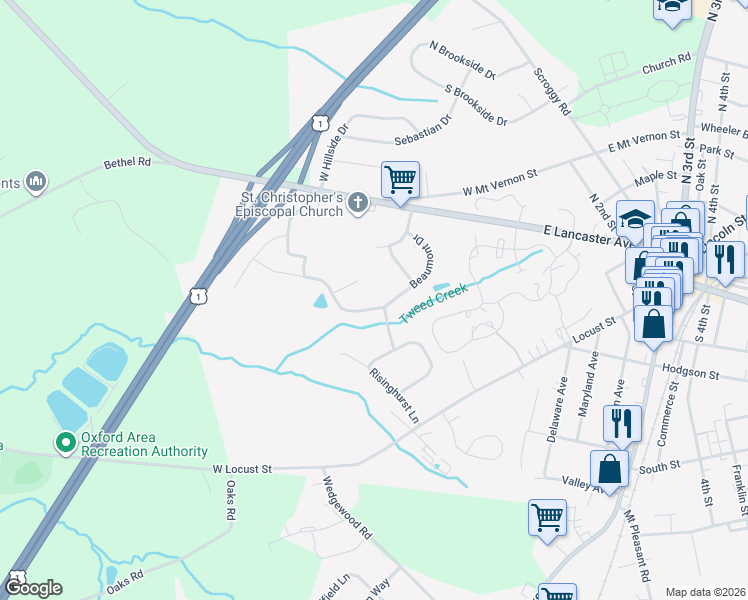 map of restaurants, bars, coffee shops, grocery stores, and more near 241 Beaumont Drive in Oxford
