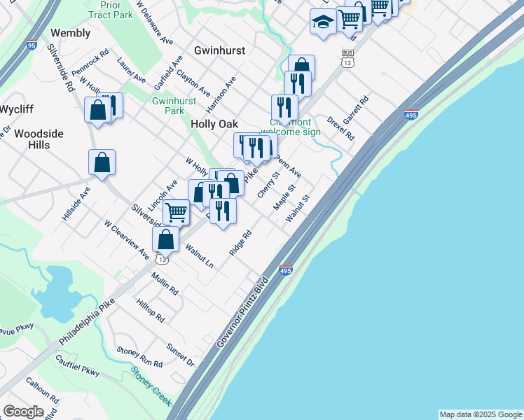 map of restaurants, bars, coffee shops, grocery stores, and more near 105 East Holly Oak Road in Wilmington