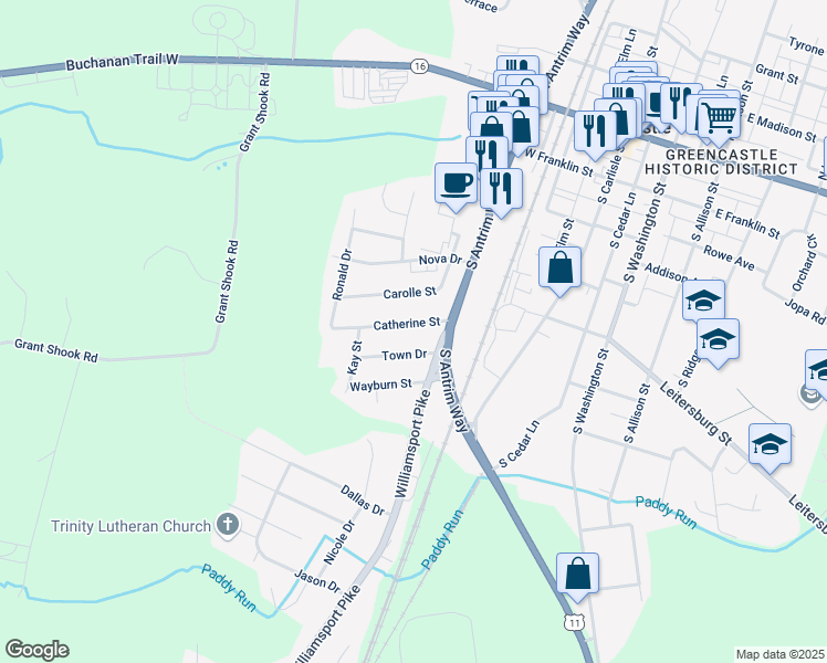 map of restaurants, bars, coffee shops, grocery stores, and more near 354 Catherine Street in Greencastle