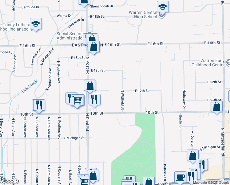 map of restaurants, bars, coffee shops, grocery stores, and more near 9207 East 12th Street in Indianapolis